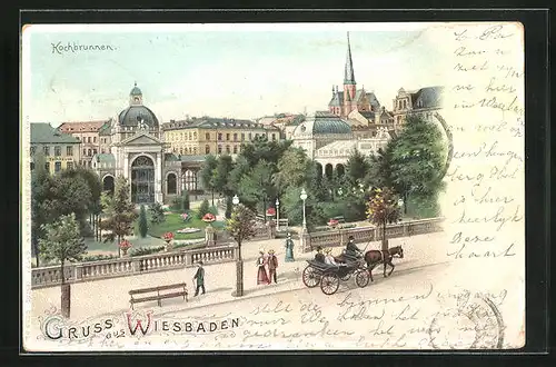 Lithographie Wiesbaden, Kochbrunnen und Pferdewagen