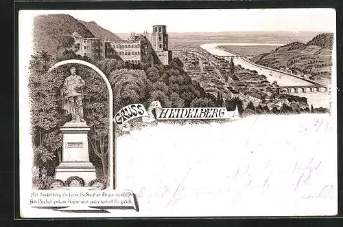 Lithographie Heidelberg, Teilansicht mit Brücke, Scheffel-Denkmal