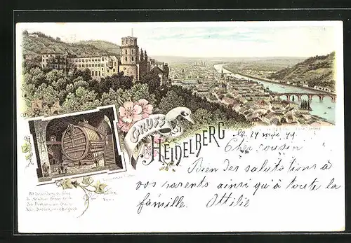 Lithographie Heidelberg, Teilansicht mit Brücke, Das grosse Fass