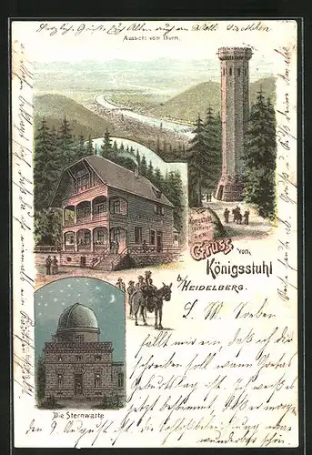 Lithographie Heidelberg, Gasthaus Königsstuhl, Aussicht vom Turm, Die Sternwarte bei Mondschein