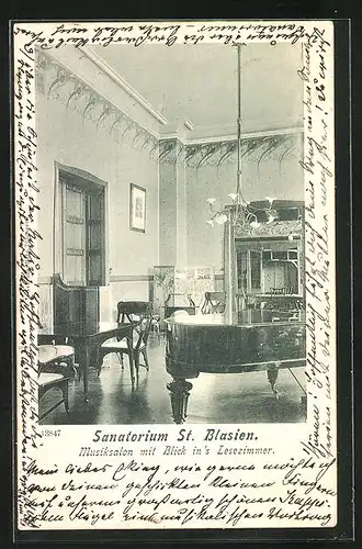AK St. Blasien, Sanatorium, Musiksalon mit Blick in`s Lesezimmer