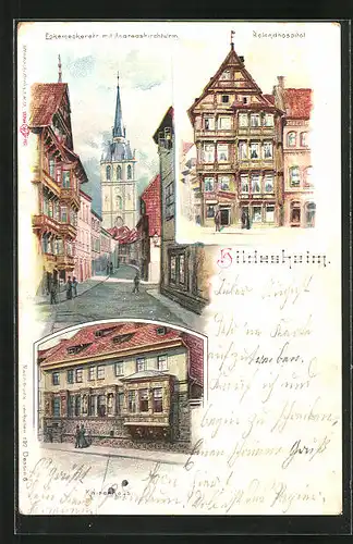 Lithographie Hildesheim, Kaiserhaus, Rolandshospital, Eckemeckerstrasse mit Andreaskirchturm
