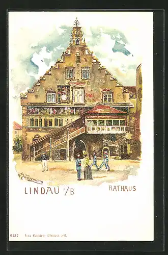 Lithographie Lindau i. B., Soldaten am Rathaus