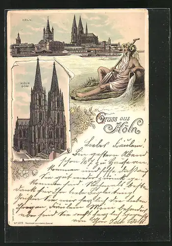 Lithographie Köln, Vater Rhein blickt zum Dom