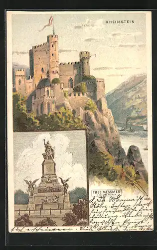 Lithographie Trechtingshausen, Burg Rheinstein, Niederwalddenkmal