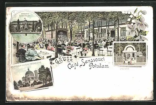 Lithographie Potsdam, Cafe Sanssouci, Mausoleum Kaiser Friedrichs