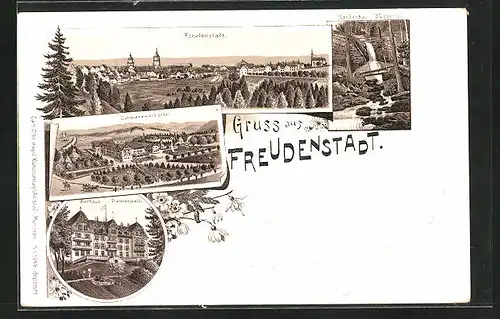 Lithographie Freudenstadt, Schwarzwaldhotel, Kurhaus Palmenwald, Sankenbach-Wasserfall