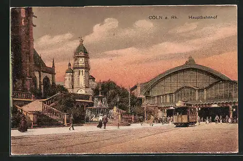 AK Köln, Hauptbahnhof im Abendrot