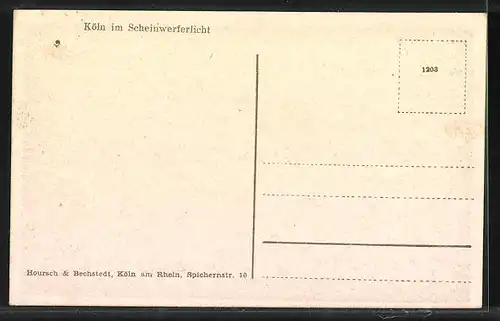 AK Köln, Rheinufer im Scheinwerferlicht, Nachtaufnahme