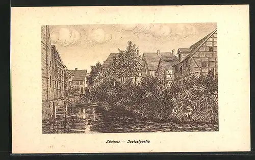 Künstler-AK Lüchow, Jeetzelpartie mit Fachwerk