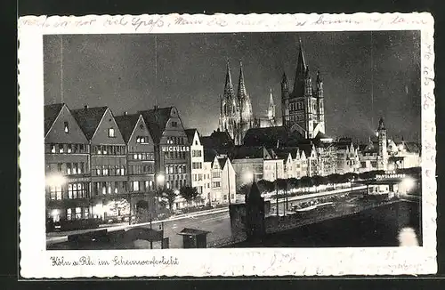 AK Köln, Leystapel im Scheinwerferlicht, Nachtaufnahme