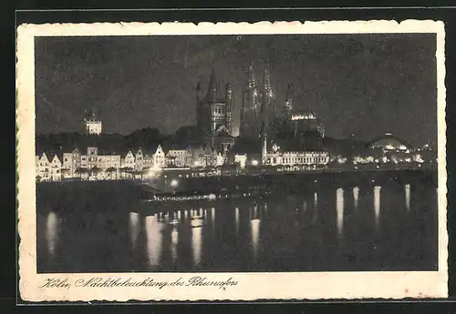 AK Köln, Nachtbeleuchtung des Rheinufers