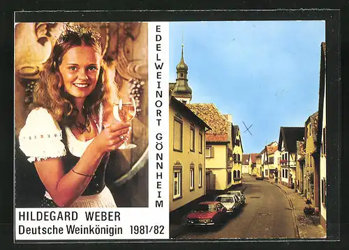 AK Gönnheim, Strassenpartie mit Autos, Weinkönigin Hildegard Weber 1981 /82