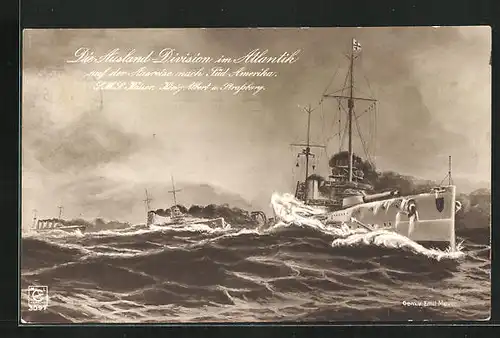 Künstler-AK SMS Kaiser, König Albert und Strassburg im Atlantik