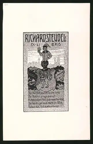 Exlibris von Gustav Strotz für Richard Steudel, Wappen mit Ritterhelm und Löwe