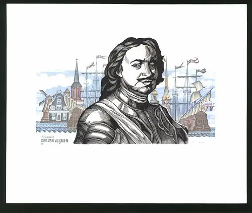 Exlibris Gor. van Vlijmen, Portrait Admiral Michiel de Ruyter, Schiffe im Hintergrund