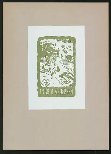 Exlibris Ingrid Andersen, muslimischer Mann hilft nacktem Mann auf dem Feld
