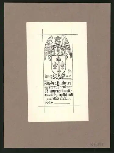 Exlibris von Wainz für Franz Theodor, Engel hält Wappen mit Schwert und Krone
