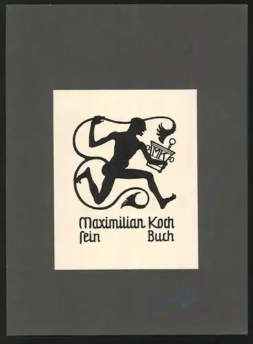Exlibris Maximilian Koch, Fabelwesen in Silhouette hält einen Becher mit Initialien MK