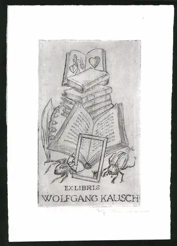 Exlibris Wolfgang Kausch, Käfer krabbeln auf die Bücher