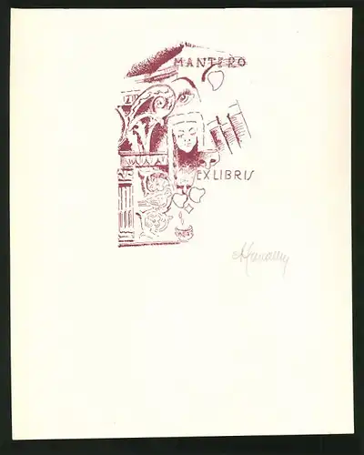 Exlibris Mantero, Bücherregal mit Auge und Frauengesicht, Kleeblatt