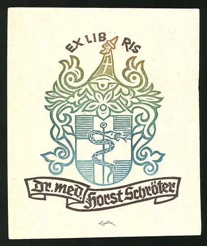 Exlibris Dr. med Horst Schröter, Wappen mit Äskulapstab