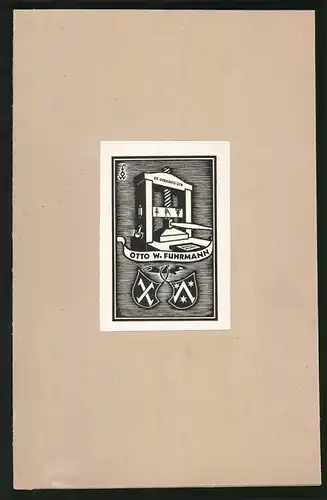 Exlibris Otto W. Fuhrmann, Wappen mit Sternen, Buchpresse - Spindelpresse