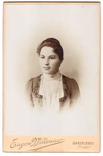 Fotografie Eugen Willenius, Gardelegen, Portrait junge Frau im Kleid mit Stickerei