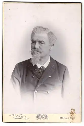 Fotografie A. Kaldori, Ischl, Franzensallee 6, Portrait älterer Herr im Anzug mit Victor-Emanuel Bart