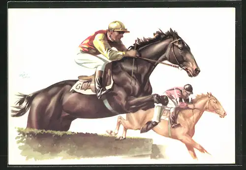 Künstler-AK sign. A. Bermond: Jockey springt mit seinem Pferd über ein Hinderniss