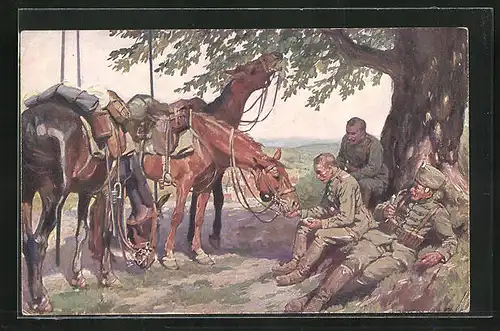 Künstler-AK Kavallerist füttert sein Pferd