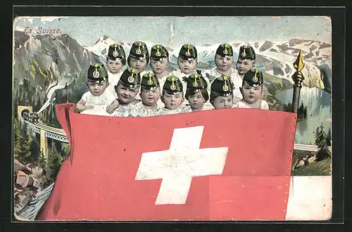 AK Schweizer Nachwuchs-Soldaten mit Nationalfahne