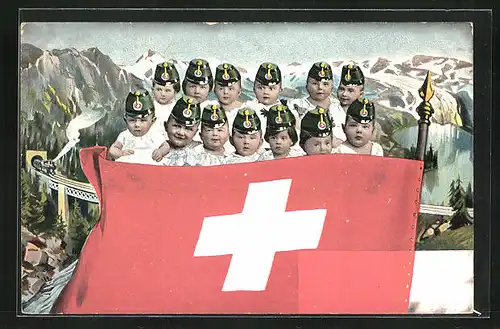 AK Schweizer Nachwuchs-Soldaten mit Nationalfahne, Kinder Kriegspropaganda