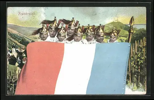 AK Französische Nachwuchs-Soldaten mit Nationalfahne