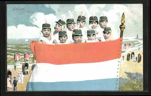 AK Holländische Nachwuchs-Soldaten mit Nationalfahne