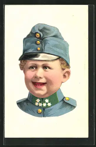 Relief-AK Knabe in Uniform mit Feldmütze, Kinder Kriegspropaganda