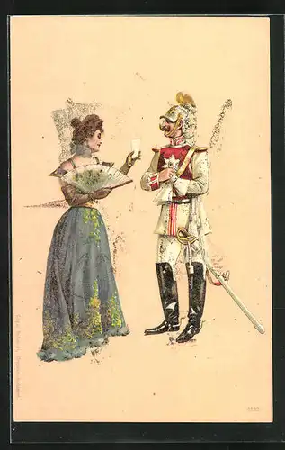 AK Soldat in Gala-Uniform und Dame mit Fächer