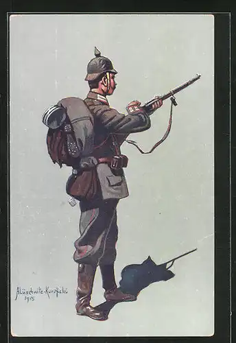 Künstler-AK Infanterist des 4. Garde-Reg. zu Fuss (Berlin), Felduniform 1914-1915