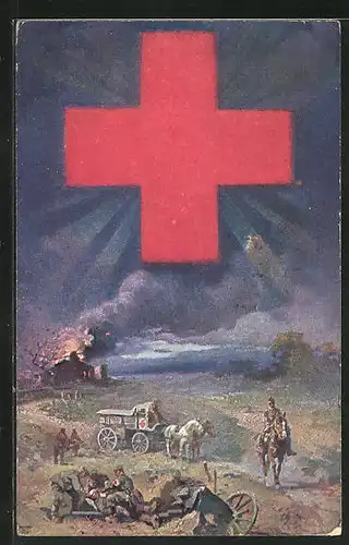 AK Rotes Kreuz, Soldaten mit Pferdewagen vesorgen verwundeten Kameraden