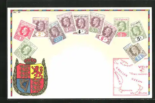 AK Briefmarken und Wappen von den Fiji Inseln