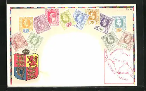 AK Briefmarken und Wappen von Ceylon, Landkarte