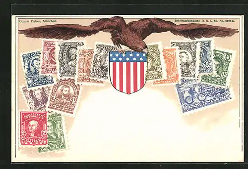 AK Briefmarken und Wappen der U.S.A.