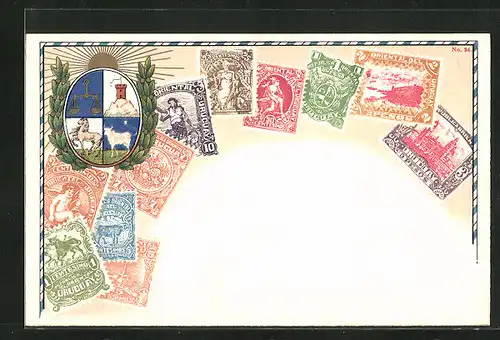 AK Briefmarken und Wappen von Uruguay