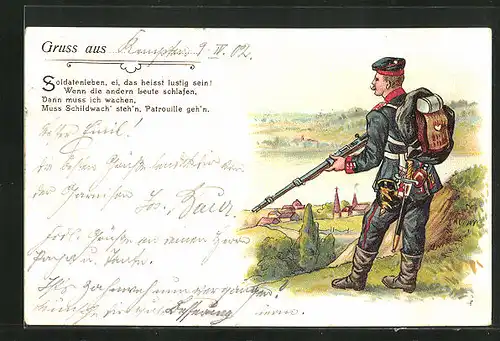 Lithographie Infanterist muss Schildwach` stehn, Patrouille geh`n