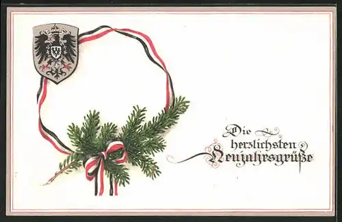 AK Neujahrsgrüsse, Tannenzweig mit Wappen und Band