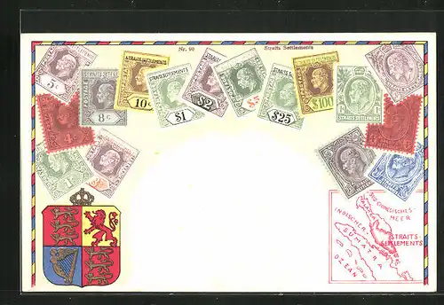 AK Briefmarken Straits-Settlements mit Porträt, Landkarte und Wappen