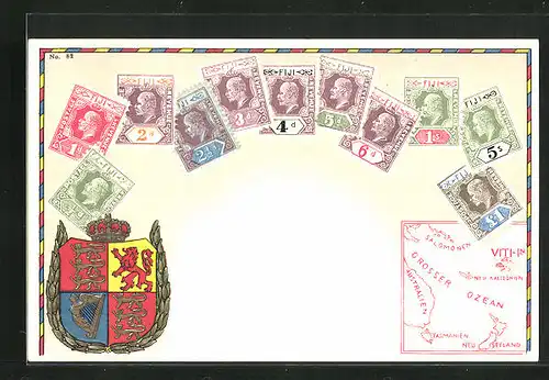 AK Briefmarken Fiji-Inseln, Wappen und Landkarte