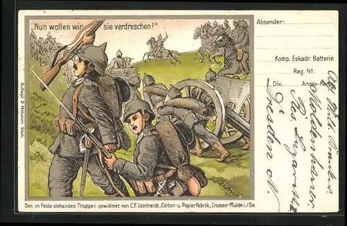 Künstler-AK Deutsche Soldaten proklamieren Nun wollen wir sie verdreschen!