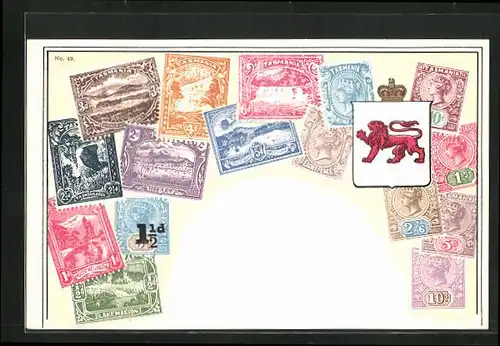 AK Briefmarken Tasmanien mit verschiedenen Motiven & Wappen