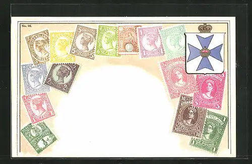 AK Briefmarken Queensland und Wappen